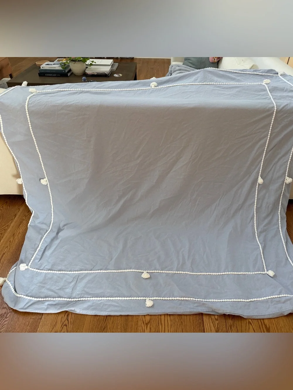 PB Teen, Light Blue Pom-Pom Cotton Queen Duvet Cover and shams - see photos